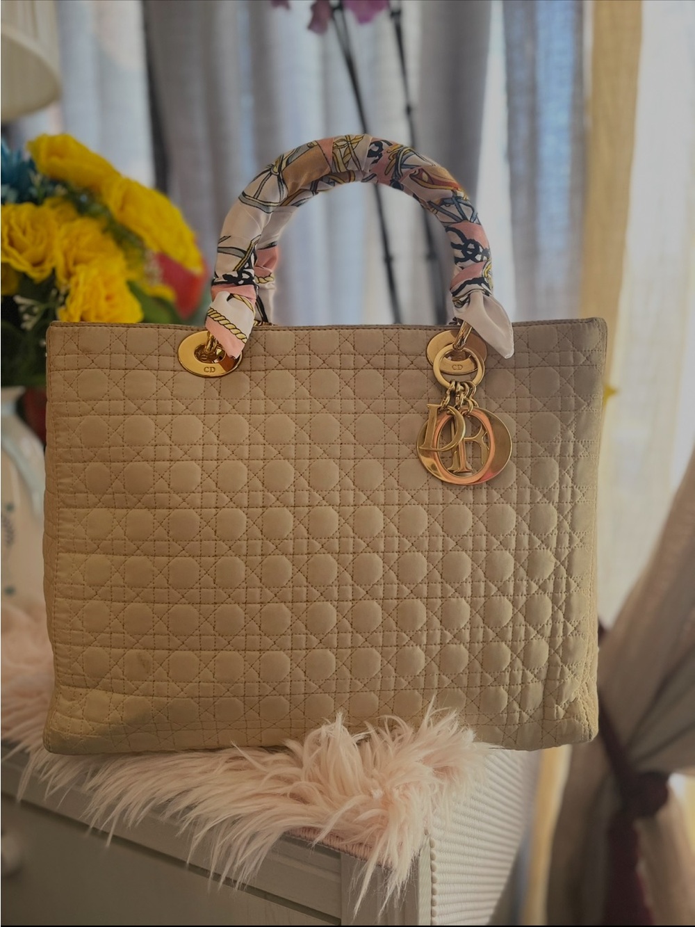 Dior Beige Quilted Tote with Gold Charms and Patterned Handle Wrap